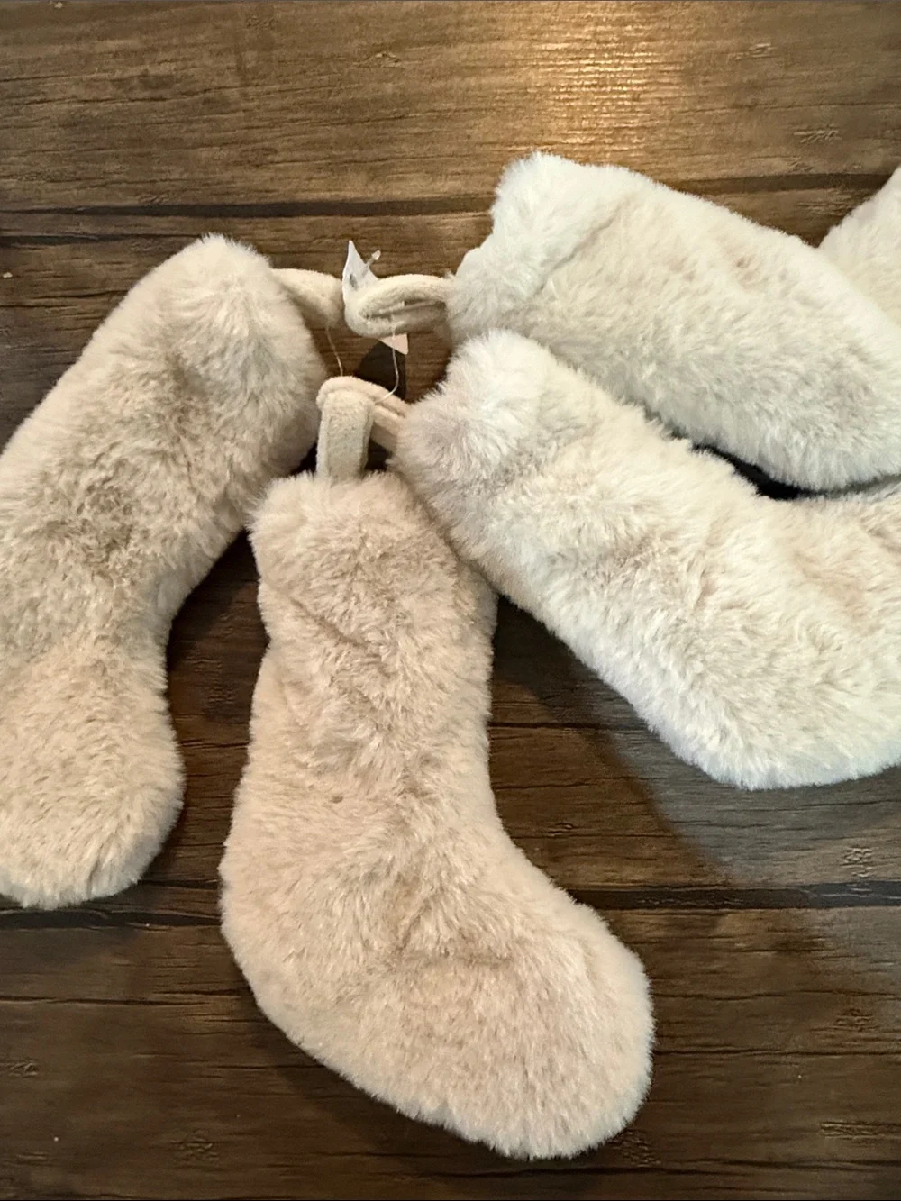 Crate&Barrel Faux Fur Plush Boot Christmas Ornaments. Set of 4.